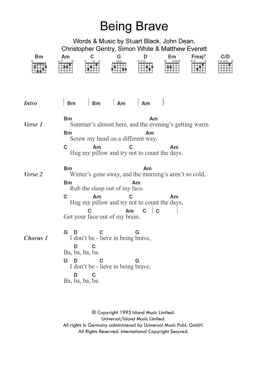 Menswear Being Brave Sheet Music Notes & Chords for Lyrics & Chords - Download or Print PDF