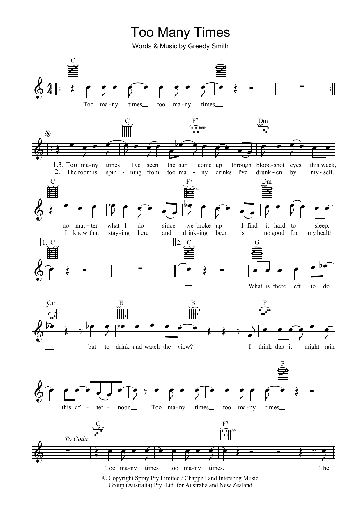 Mental As Anything Too Many Times Sheet Music Notes & Chords for Melody Line, Lyrics & Chords - Download or Print PDF