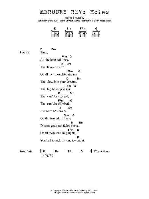 Mercury Rev Holes Sheet Music Notes & Chords for Lyrics & Chords - Download or Print PDF