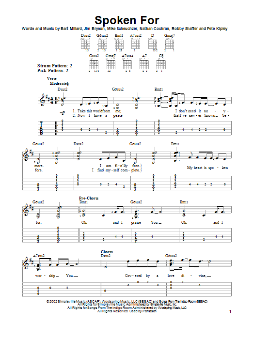 Mercy Me Spoken For Sheet Music Notes & Chords for Easy Guitar Tab - Download or Print PDF