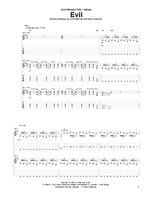 Mercyful Fate Evil Sheet Music Notes & Chords for Guitar Tab - Download or Print PDF
