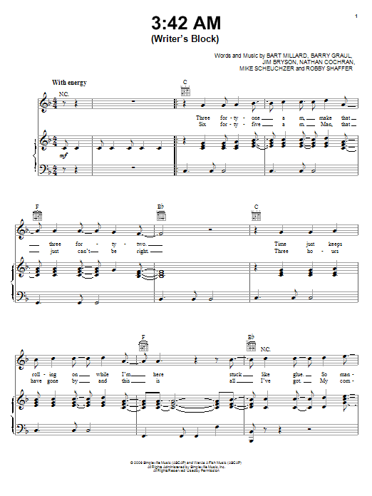 MercyMe 3:42 AM (Writer's Block) Sheet Music Notes & Chords for Piano, Vocal & Guitar (Right-Hand Melody) - Download or Print PDF