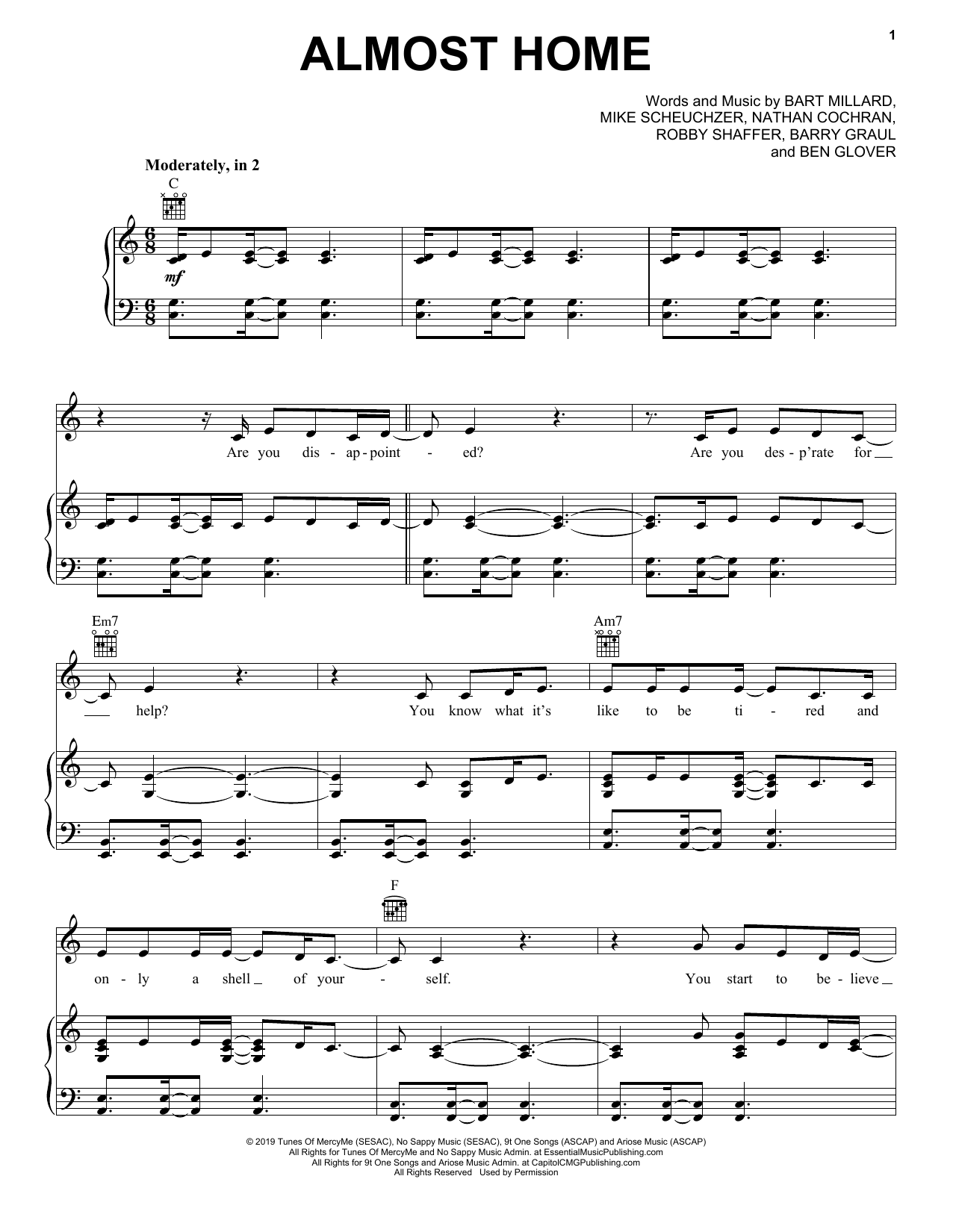 MercyMe Almost Home Sheet Music Notes & Chords for Piano, Vocal & Guitar (Right-Hand Melody) - Download or Print PDF