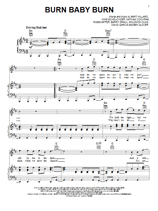MercyMe Burn Baby Burn Sheet Music Notes & Chords for Piano, Vocal & Guitar (Right-Hand Melody) - Download or Print PDF MercyMe Burn Baby Burn Sheet Music Notes & Chords for Piano, Vocal & Guitar (Right-Hand Melody) - Download or Print PDF