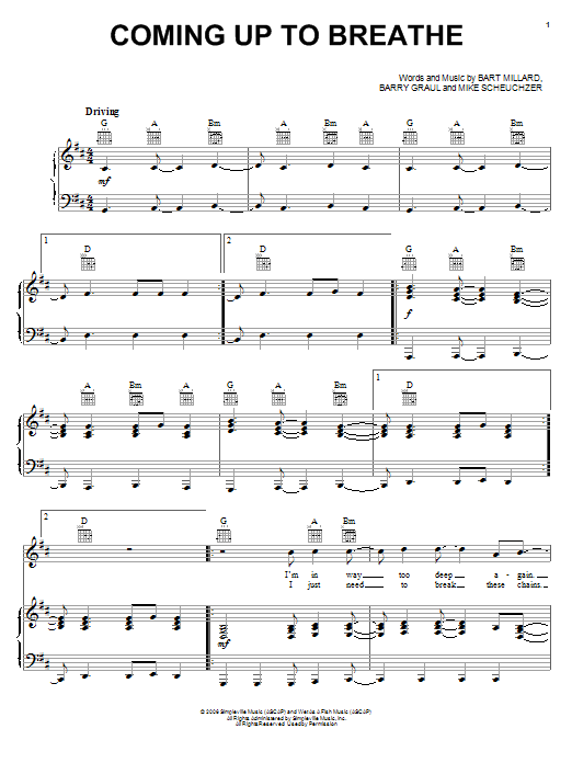 MercyMe Coming Up To Breathe Sheet Music Notes & Chords for Piano, Vocal & Guitar (Right-Hand Melody) - Download or Print PDF