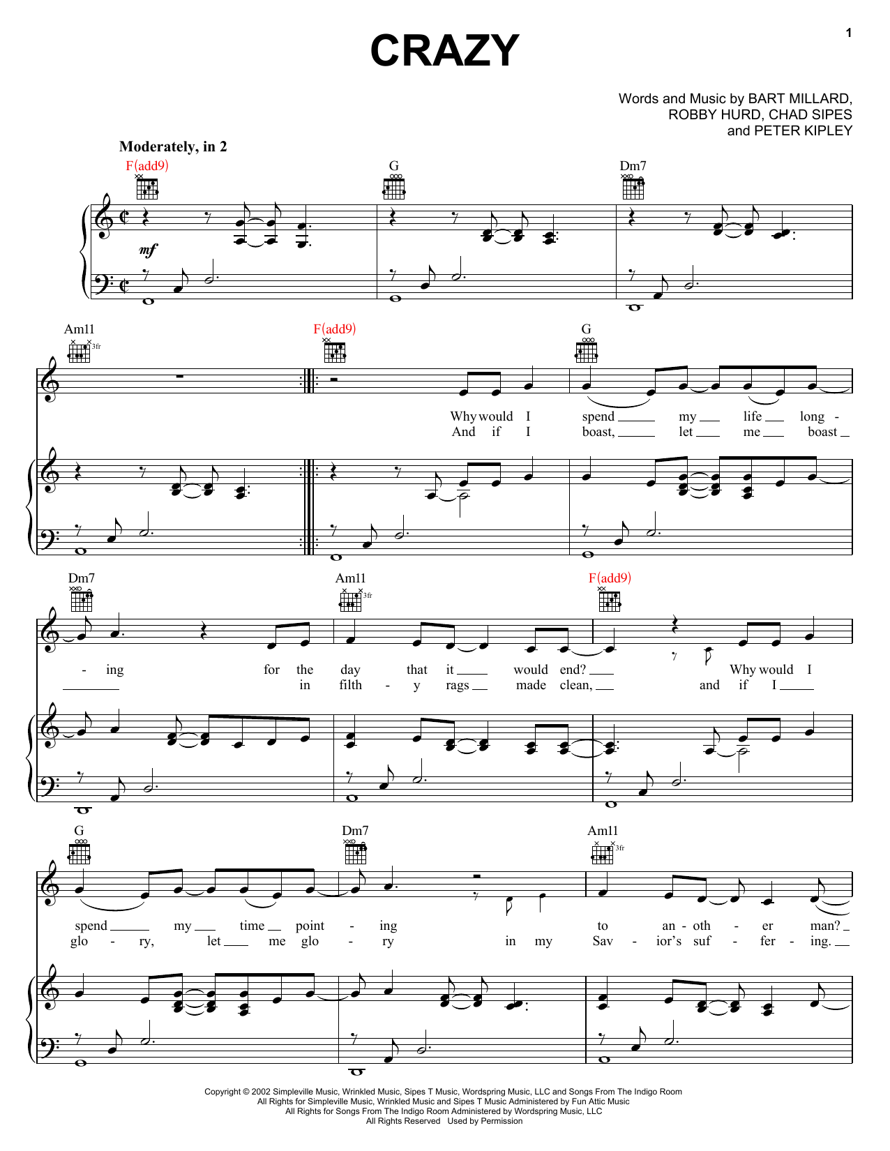 MercyMe Crazy Sheet Music Notes & Chords for Piano, Vocal & Guitar (Right-Hand Melody) - Download or Print PDF