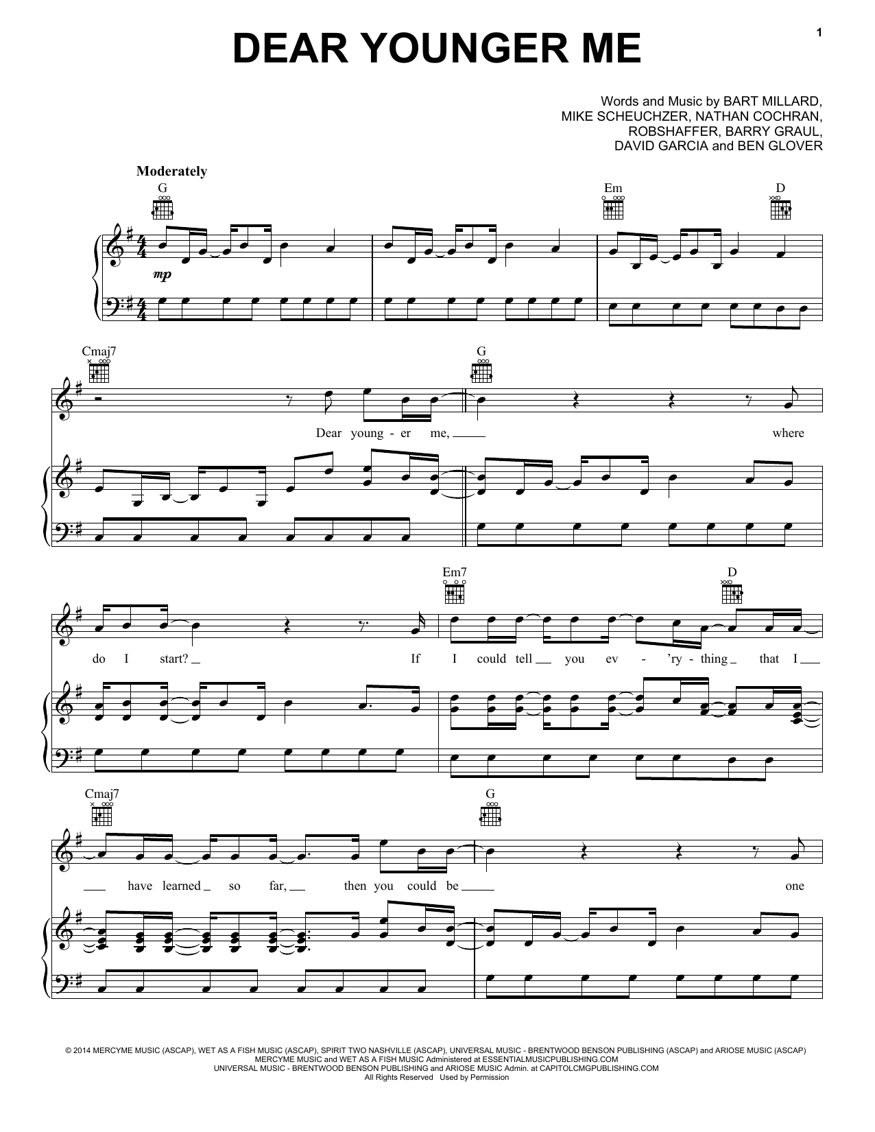 MercyMe Dear Younger Me Sheet Music Notes & Chords for Piano, Vocal & Guitar (Right-Hand Melody) - Download or Print PDF