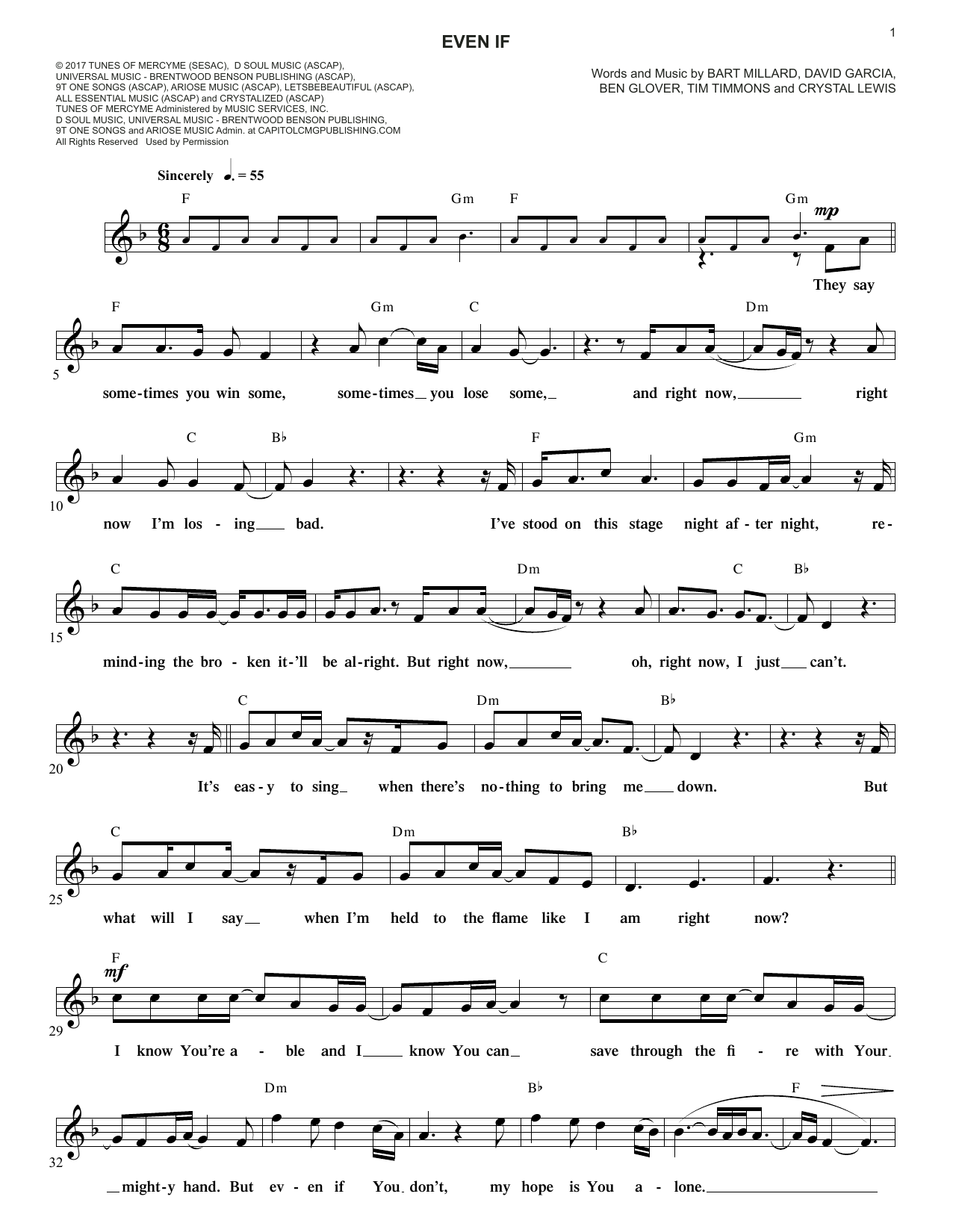 MercyMe Even If Sheet Music Notes & Chords for Melody Line, Lyrics & Chords - Download or Print PDF