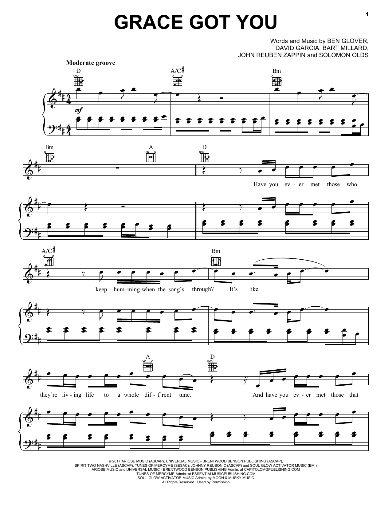 MercyMe Grace Got You Sheet Music Notes & Chords for Piano, Vocal & Guitar (Right-Hand Melody) - Download or Print PDF