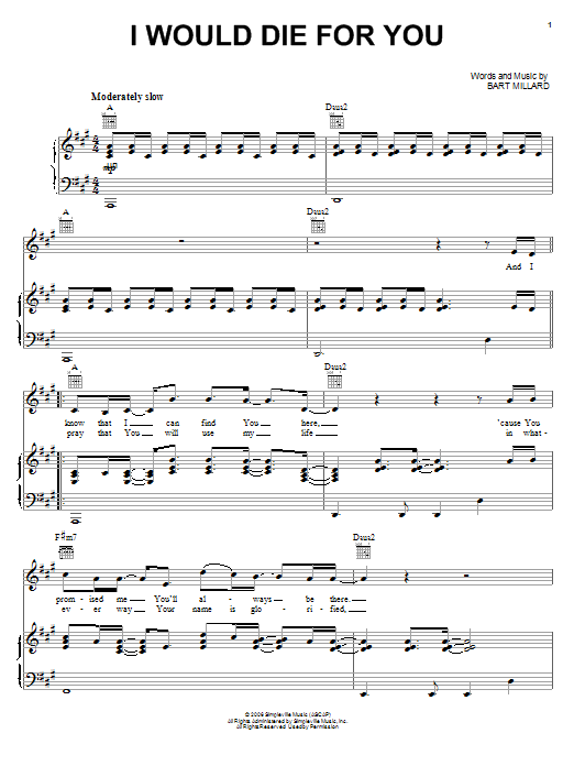 MercyMe I Would Die For You Sheet Music Notes & Chords for Piano, Vocal & Guitar (Right-Hand Melody) - Download or Print PDF
