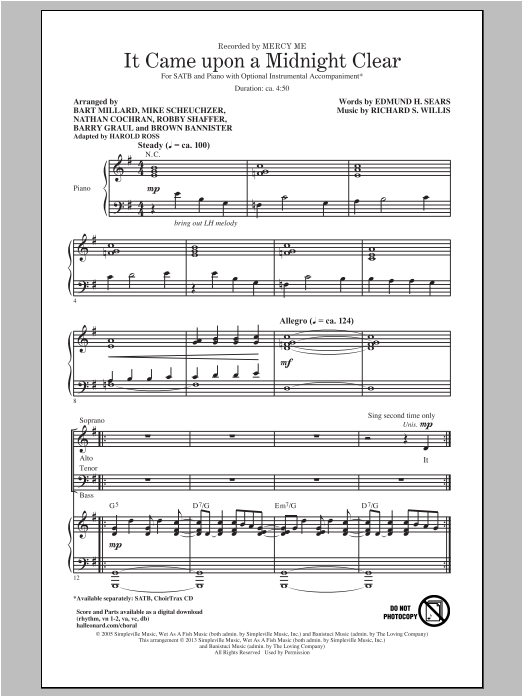 MercyMe It Came Upon A Midnight Clear (arr. Harold Ross) Sheet Music Notes & Chords for SATB - Download or Print PDF