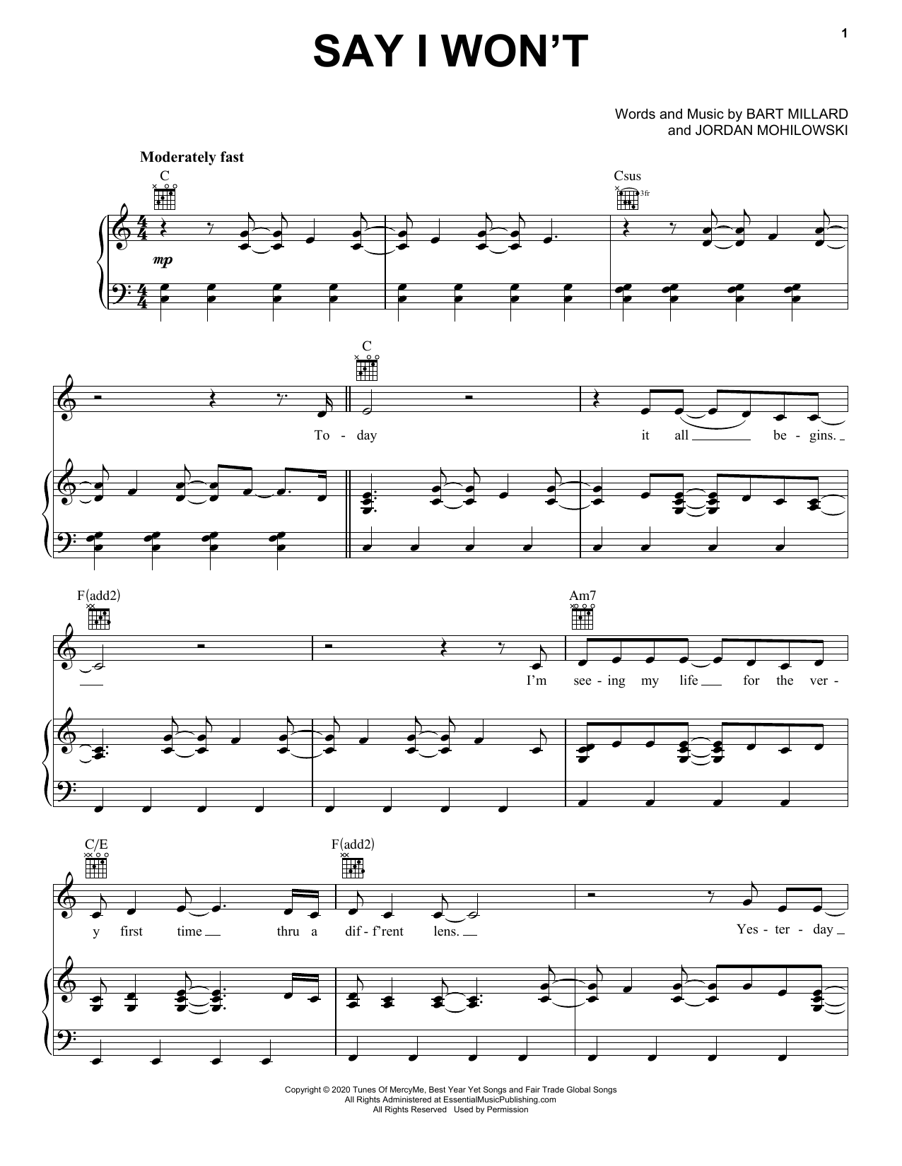 MercyMe Say I Won't Sheet Music Notes & Chords for Piano, Vocal & Guitar (Right-Hand Melody) - Download or Print PDF