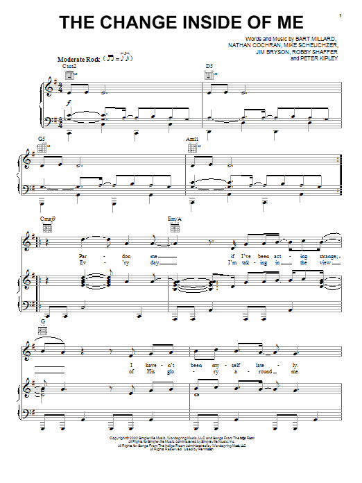 MercyMe The Change Inside Of Me Sheet Music Notes & Chords for Piano, Vocal & Guitar (Right-Hand Melody) - Download or Print PDF