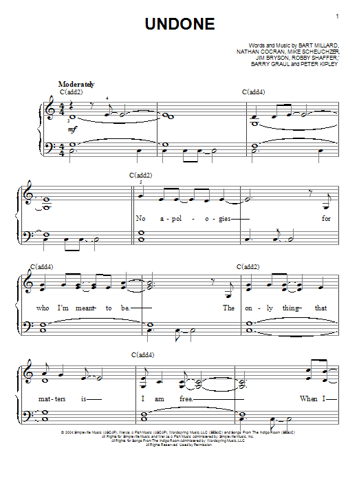 MercyMe Undone Sheet Music Notes & Chords for Easy Piano - Download or Print PDF