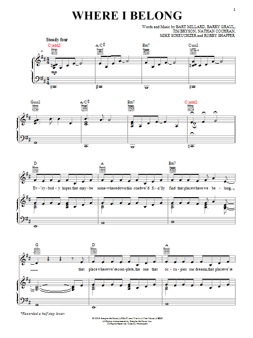 MercyMe Where I Belong Sheet Music Notes & Chords for Piano, Vocal & Guitar (Right-Hand Melody) - Download or Print PDF