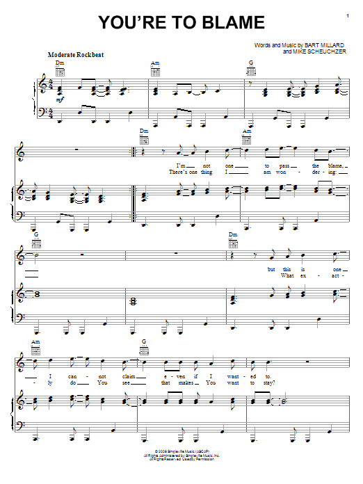 MercyMe You're To Blame Sheet Music Notes & Chords for Piano, Vocal & Guitar (Right-Hand Melody) - Download or Print PDF