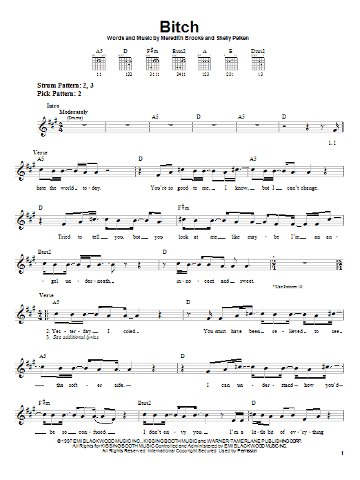 Meredith Brooks Bitch Sheet Music Notes & Chords for Piano, Vocal & Guitar (Right-Hand Melody) - Download or Print PDF