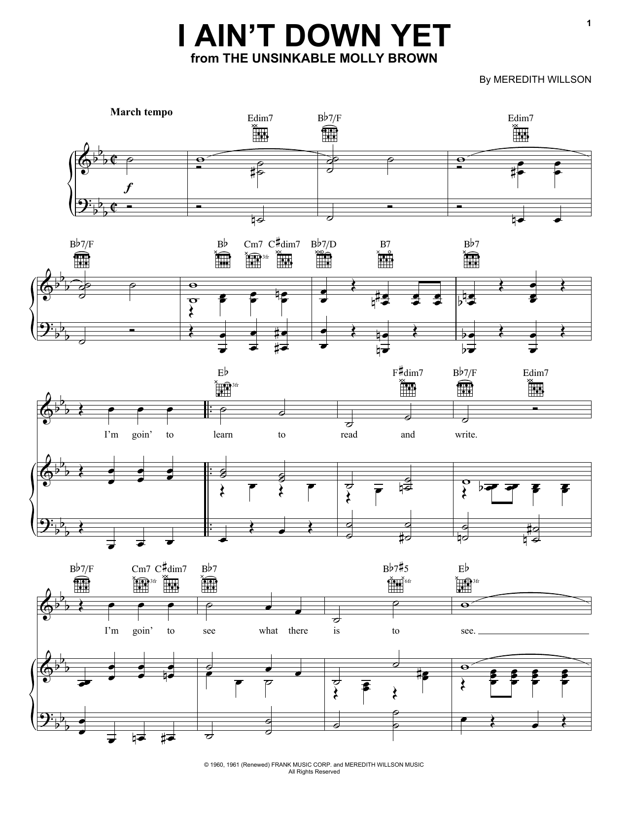 Meredith Willson I Ain't Down Yet Sheet Music Notes & Chords for Piano, Vocal & Guitar (Right-Hand Melody) - Download or Print PDF