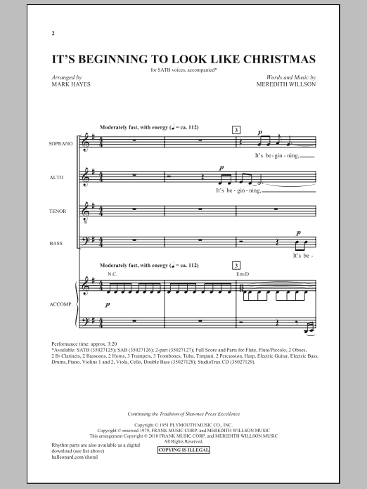 Meredith Willson It's Beginning To Look Like Christmas (arr. Mark Hayes) Sheet Music Notes & Chords for 2-Part Choir - Download or Print PDF