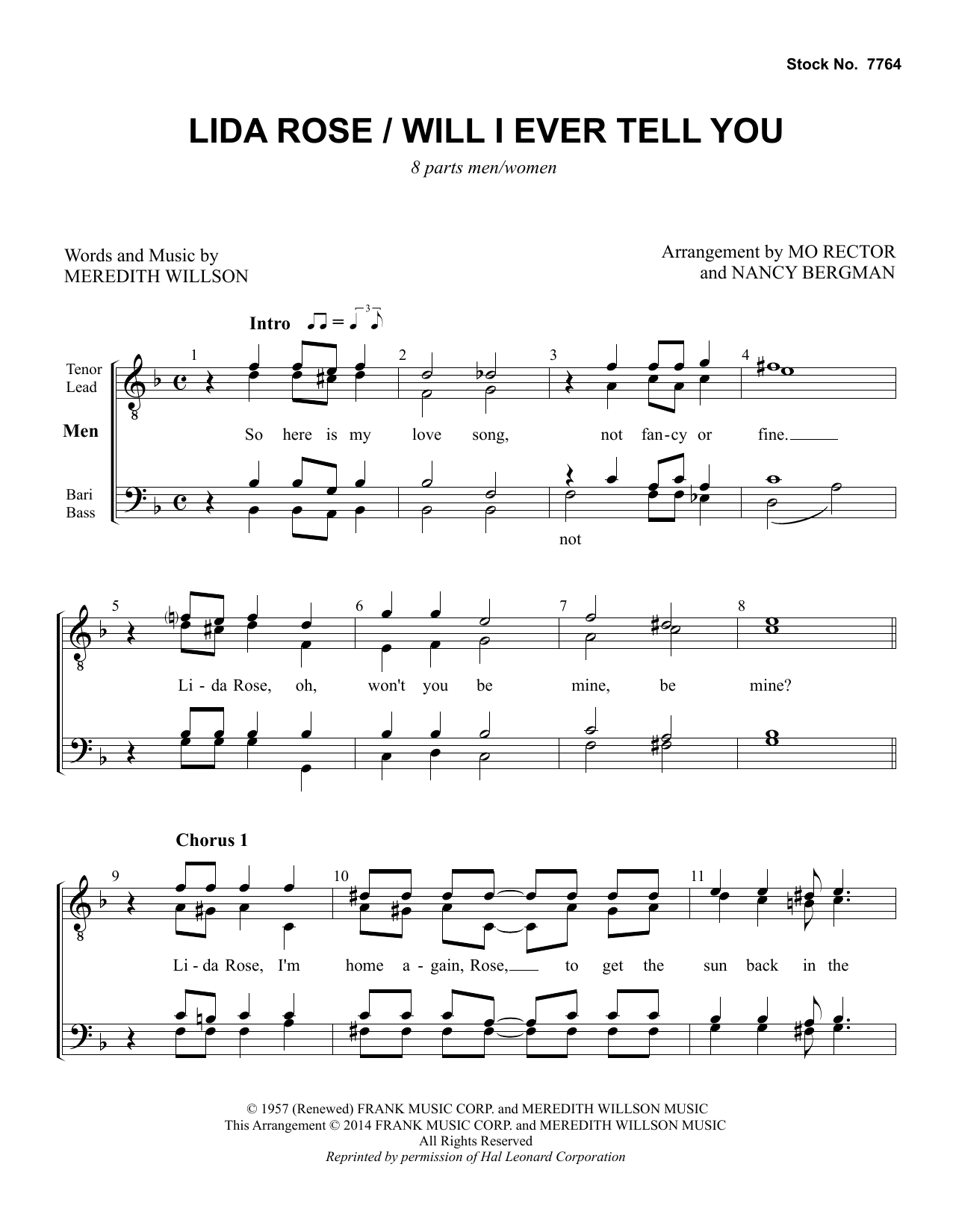 Meredith Willson Lida Rose/Will I Ever Tell You (from The Music Man) (arr. Nancy Bergman, Mo Rector) Sheet Music Notes & Chords for Choral - Download or Print PDF