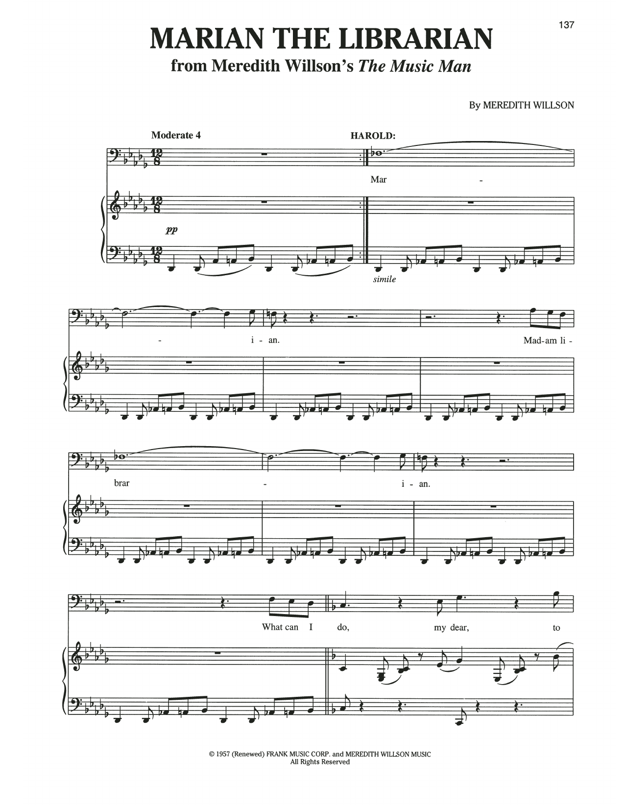 Meredith Willson Marian The Librarian (from The Music Man) Sheet Music Notes & Chords for Piano & Vocal - Download or Print PDF