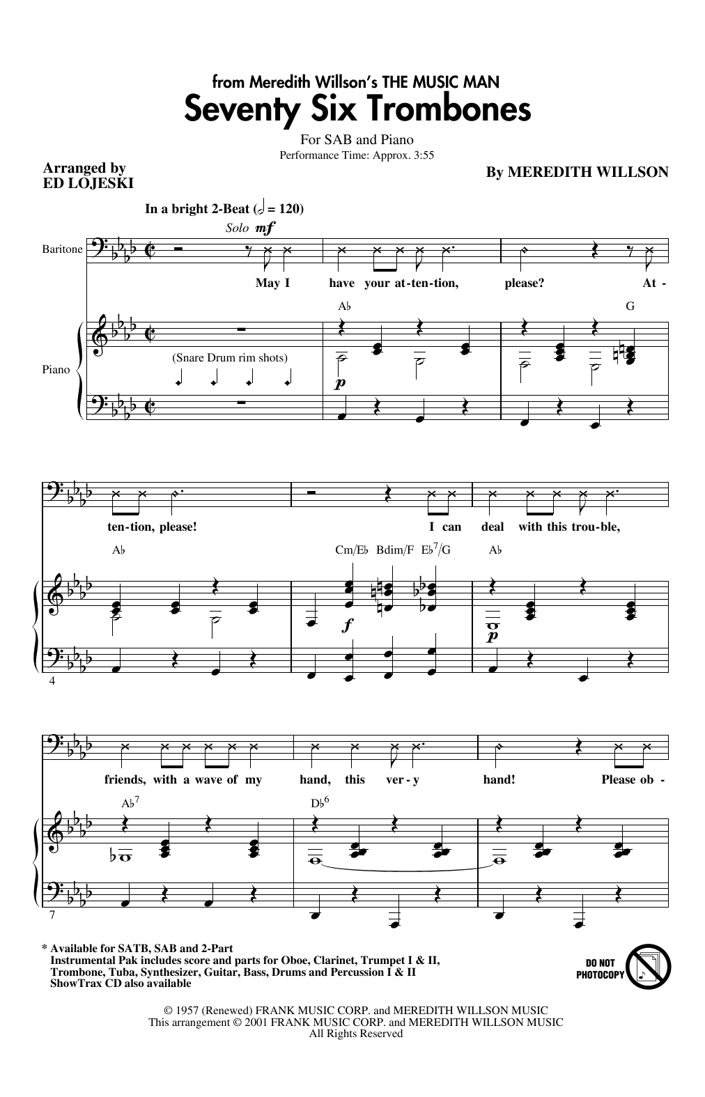 Meredith Willson Seventy Six Trombones (arr. Ed Lojeski) Sheet Music Notes & Chords for SAB Choir - Download or Print PDF