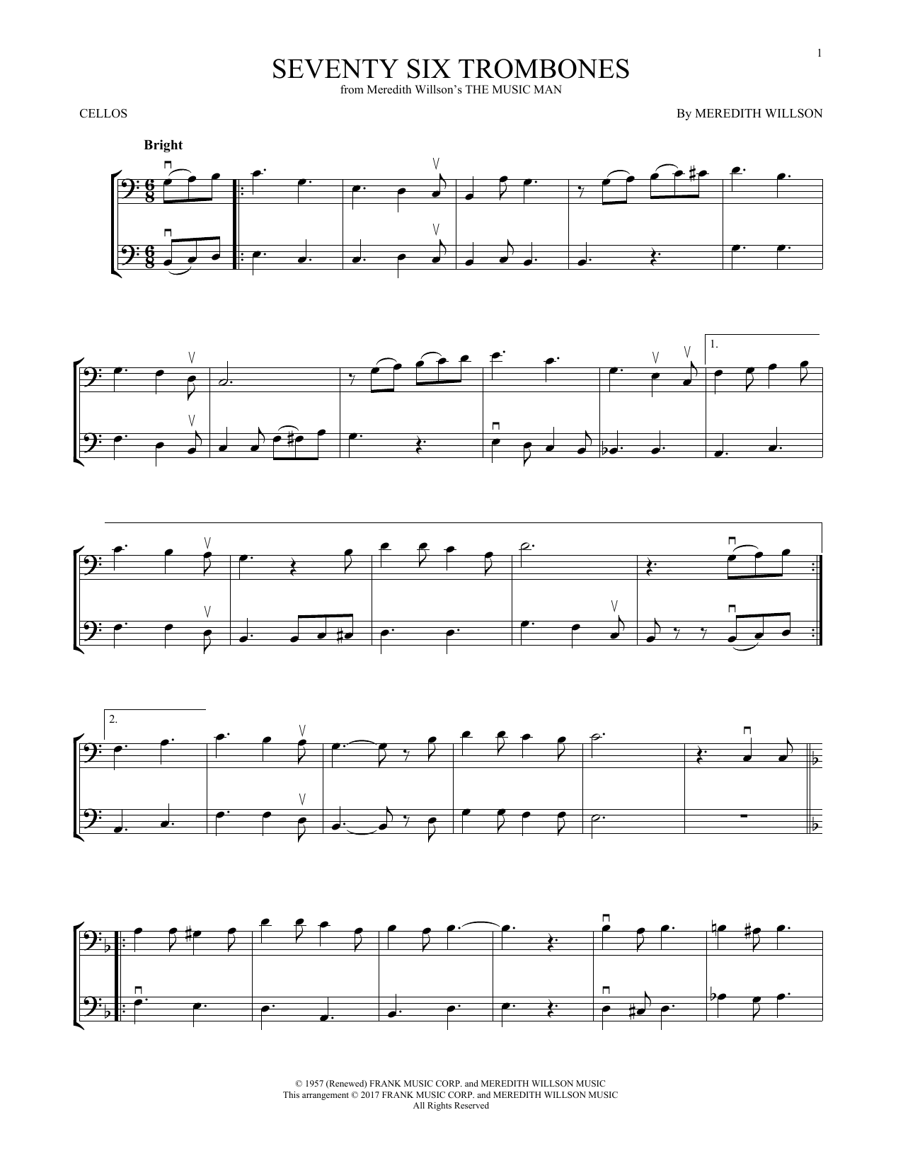 Meredith Willson Seventy Six Trombones (from The Music Man) Sheet Music Notes & Chords for Cello Duet - Download or Print PDF