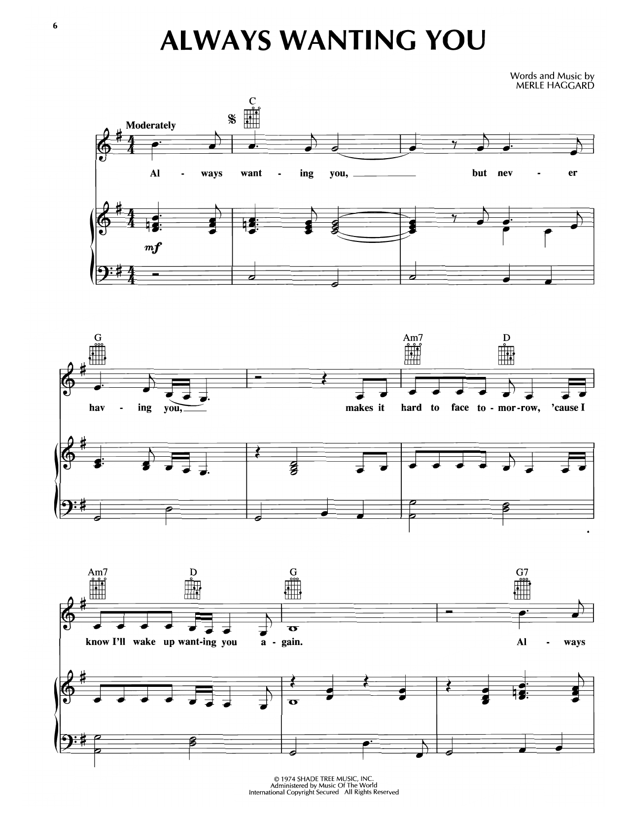 Merle Haggard Always Wanting You Sheet Music Notes & Chords for Piano, Vocal & Guitar Chords (Right-Hand Melody) - Download or Print PDF