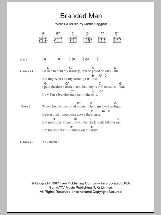 Merle Haggard Branded Man Sheet Music Notes & Chords for Piano, Vocal & Guitar (Right-Hand Melody) - Download or Print PDF