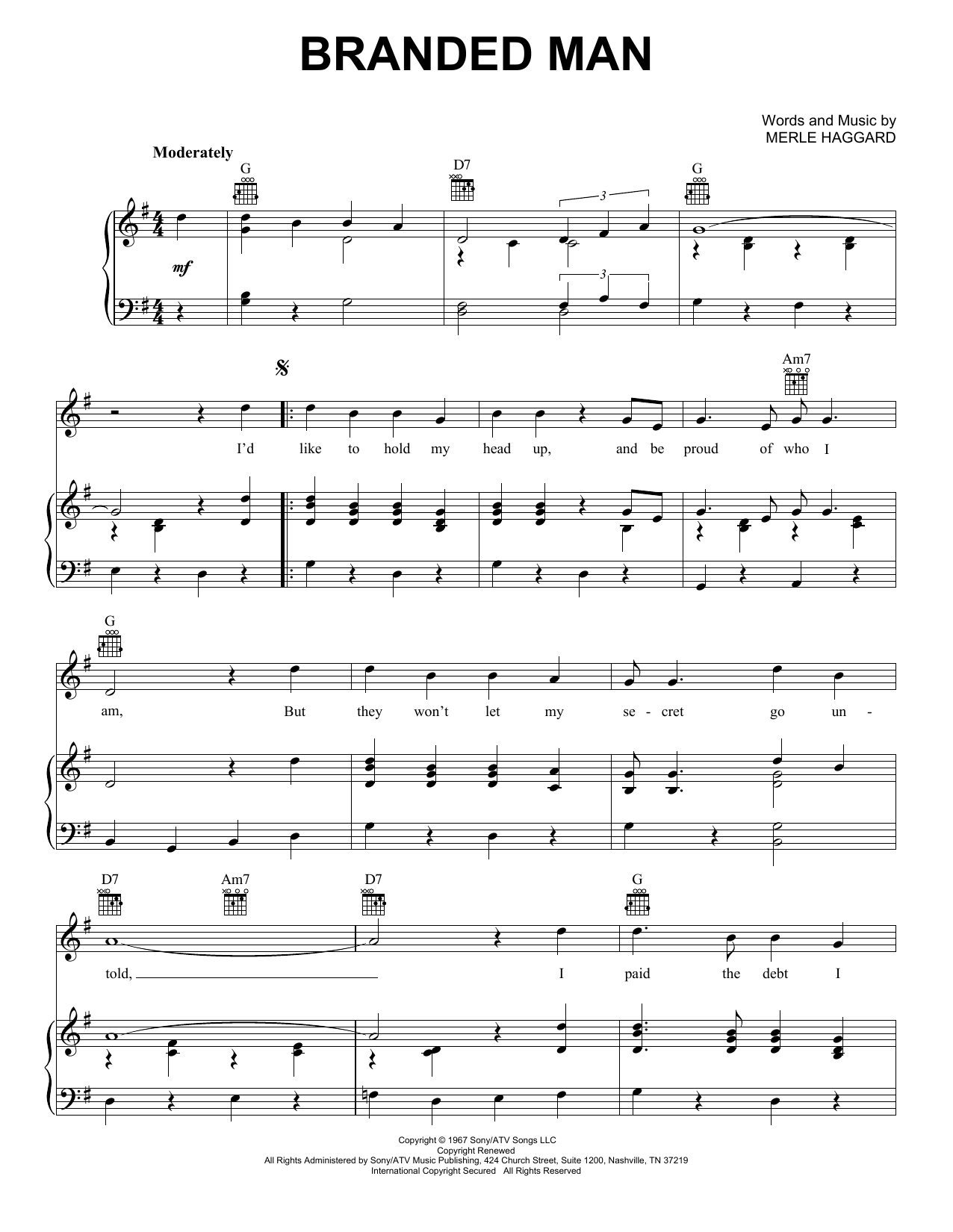 Merle Haggard Branded Man Sheet Music Notes & Chords for Piano, Vocal & Guitar (Right-Hand Melody) - Download or Print PDF