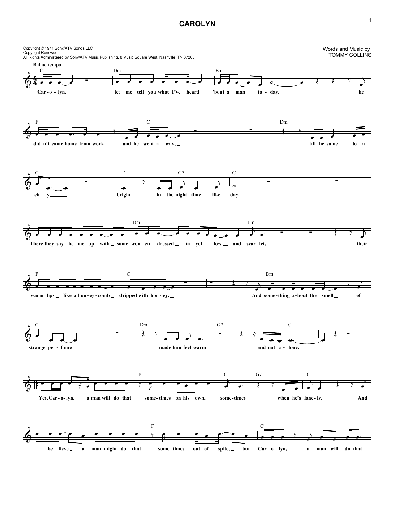 Merle Haggard Carolyn Sheet Music Notes & Chords for Piano, Vocal & Guitar Chords (Right-Hand Melody) - Download or Print PDF