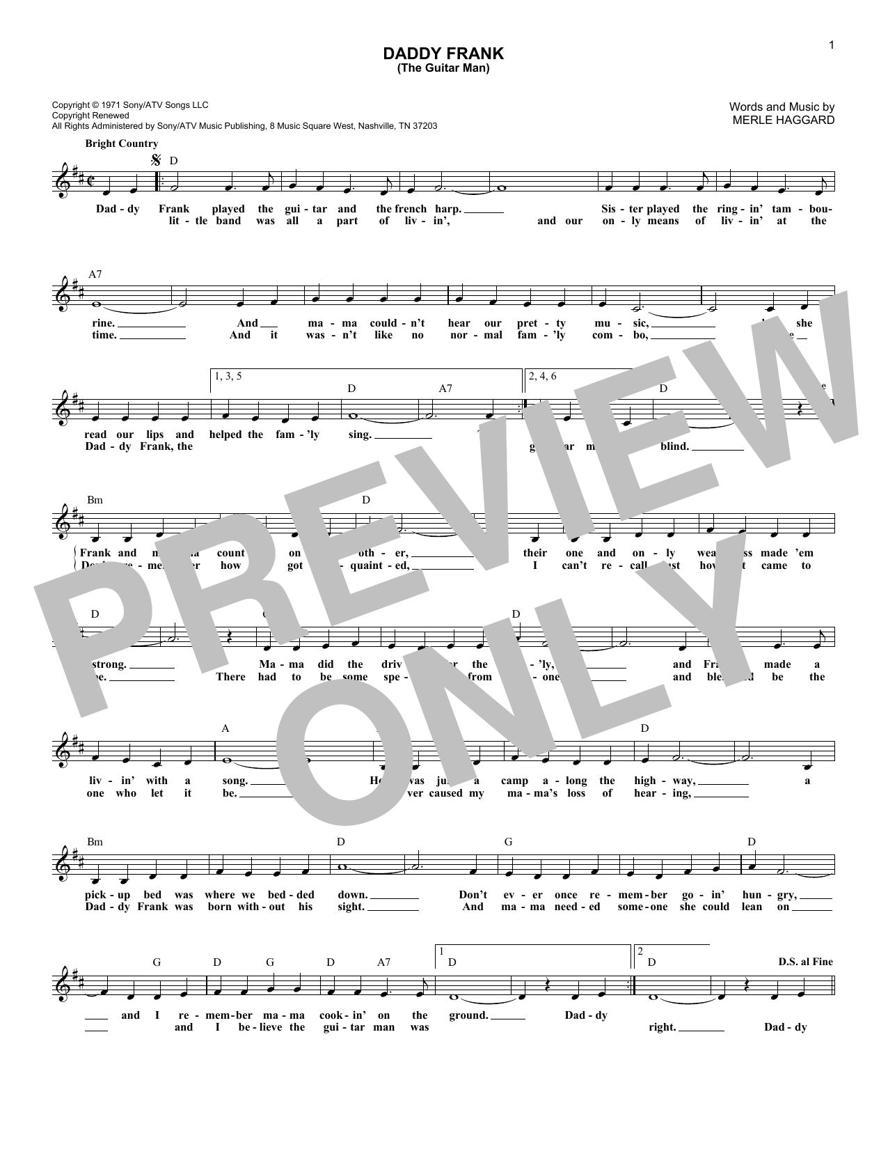 Merle Haggard Daddy Frank (The Guitar Man) Sheet Music Notes & Chords for Melody Line, Lyrics & Chords - Download or Print PDF