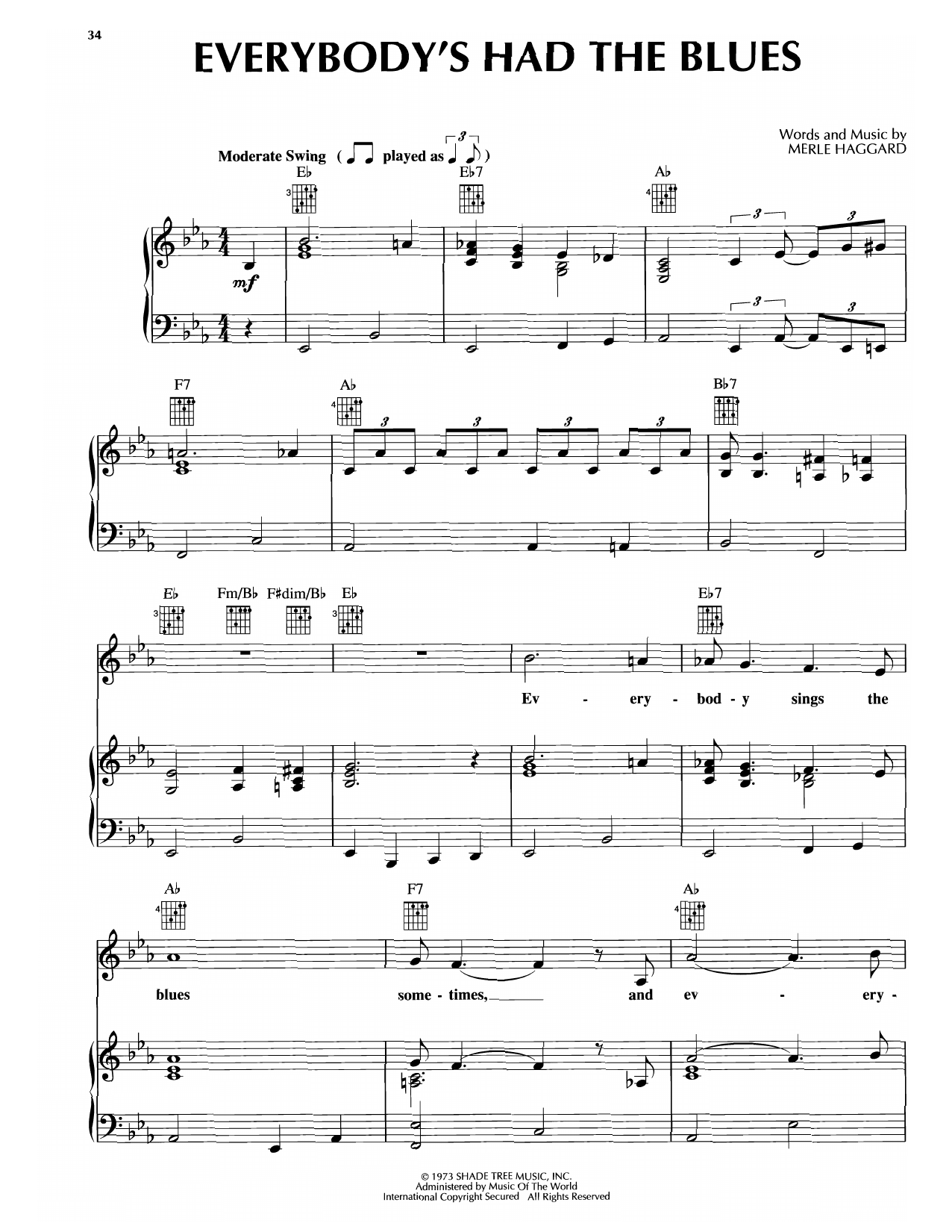 Merle Haggard Everybody's Had The Blues Sheet Music Notes & Chords for Piano, Vocal & Guitar Chords (Right-Hand Melody) - Download or Print PDF