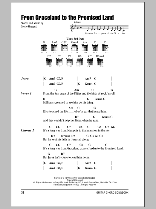 Merle Haggard From Graceland To The Promised Land Sheet Music Notes & Chords for Piano, Vocal & Guitar Chords (Right-Hand Melody) - Download or Print PDF