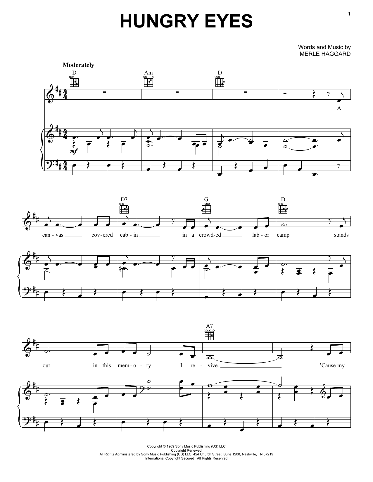 Merle Haggard Hungry Eyes Sheet Music Notes & Chords for Piano, Vocal & Guitar Chords (Right-Hand Melody) - Download or Print PDF