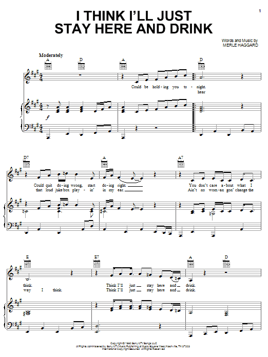 Merle Haggard I Think I'll Just Stay Here And Drink Sheet Music Notes & Chords for Easy Guitar Tab - Download or Print PDF