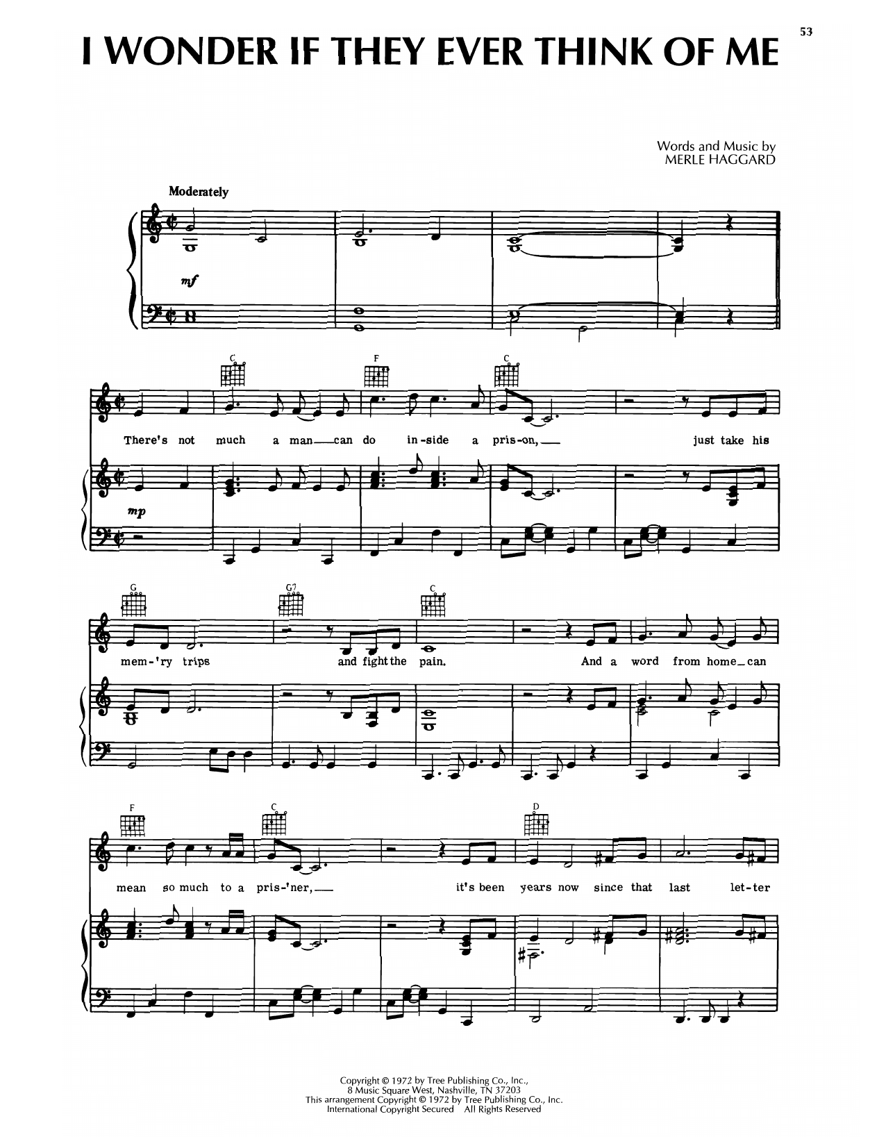 Merle Haggard I Wonder If They Ever Think Of Me Sheet Music Notes & Chords for Piano, Vocal & Guitar Chords (Right-Hand Melody) - Download or Print PDF