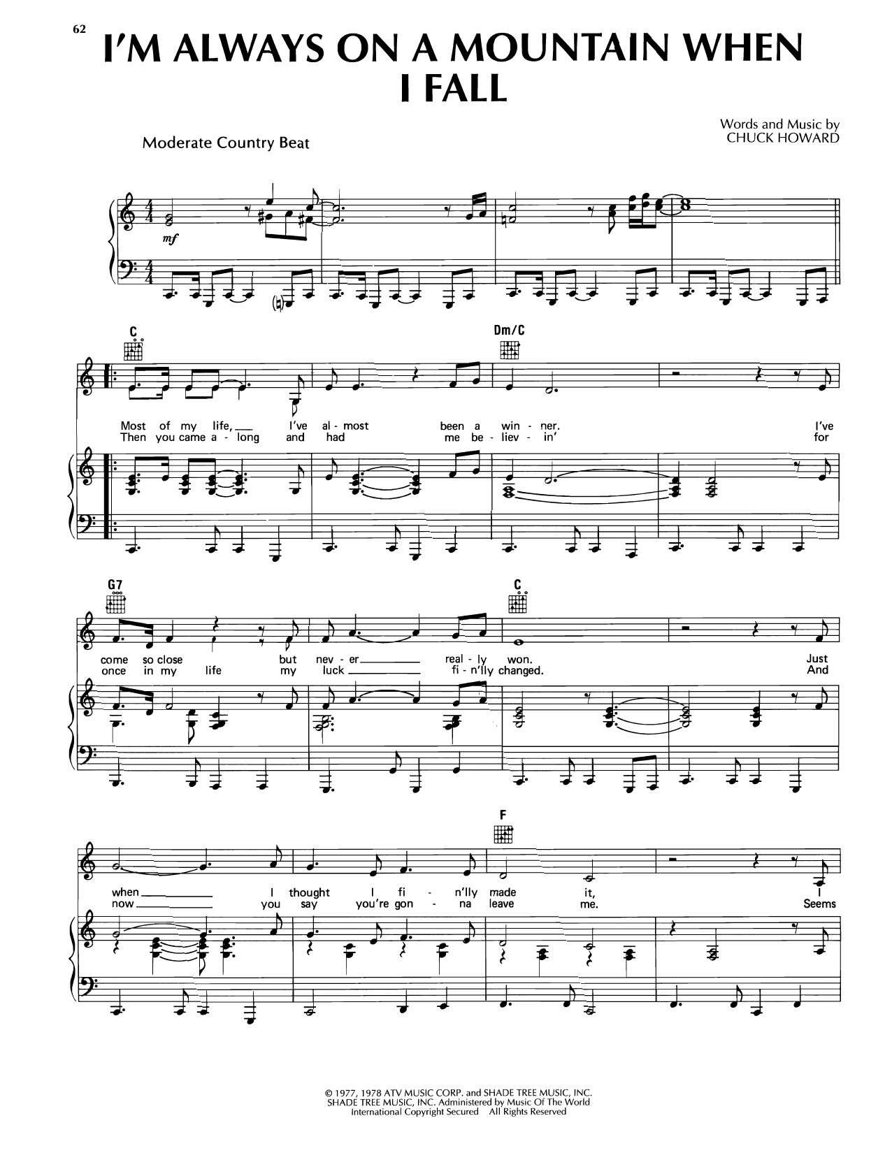 Merle Haggard I'm Always On A Mountain When I Fall Sheet Music Notes & Chords for Piano, Vocal & Guitar Chords (Right-Hand Melody) - Download or Print PDF