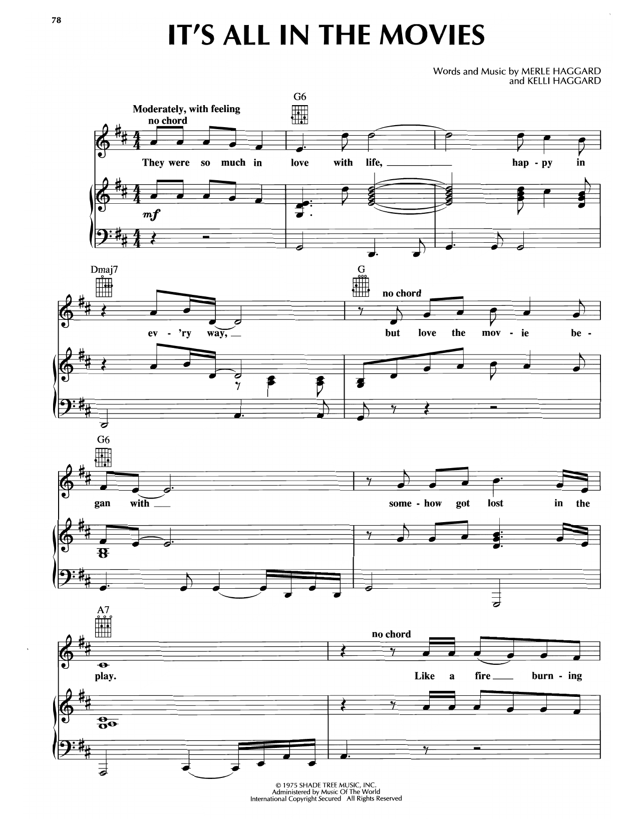 Merle Haggard It's All In The Movies Sheet Music Notes & Chords for Piano, Vocal & Guitar Chords (Right-Hand Melody) - Download or Print PDF