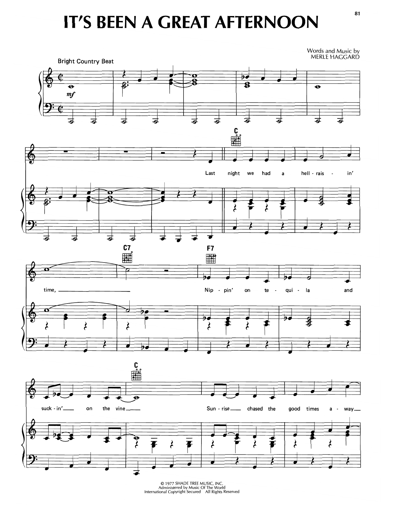 Merle Haggard It's Been A Great Afternoon Sheet Music Notes & Chords for Piano, Vocal & Guitar Chords (Right-Hand Melody) - Download or Print PDF