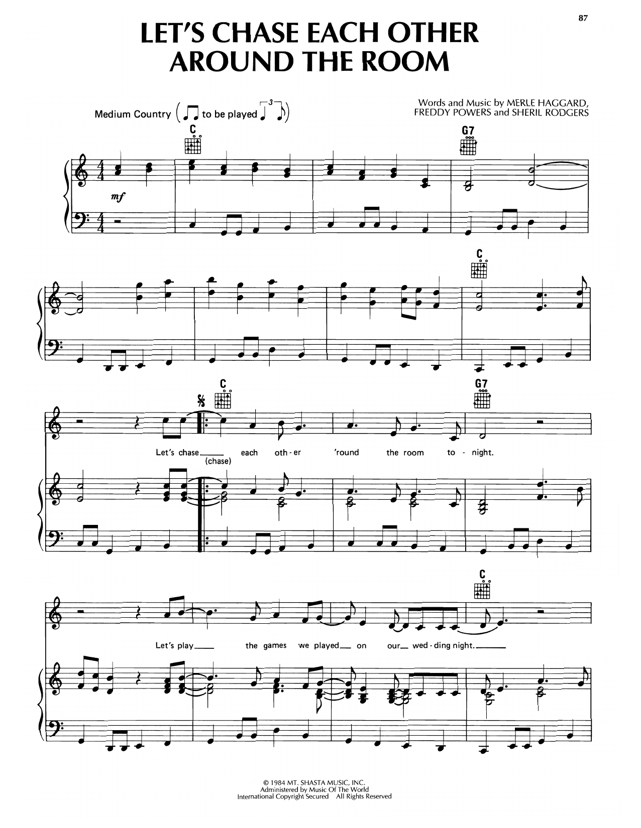 Merle Haggard Let's Chase Each Other Around The Room Sheet Music Notes & Chords for Piano, Vocal & Guitar Chords (Right-Hand Melody) - Download or Print PDF