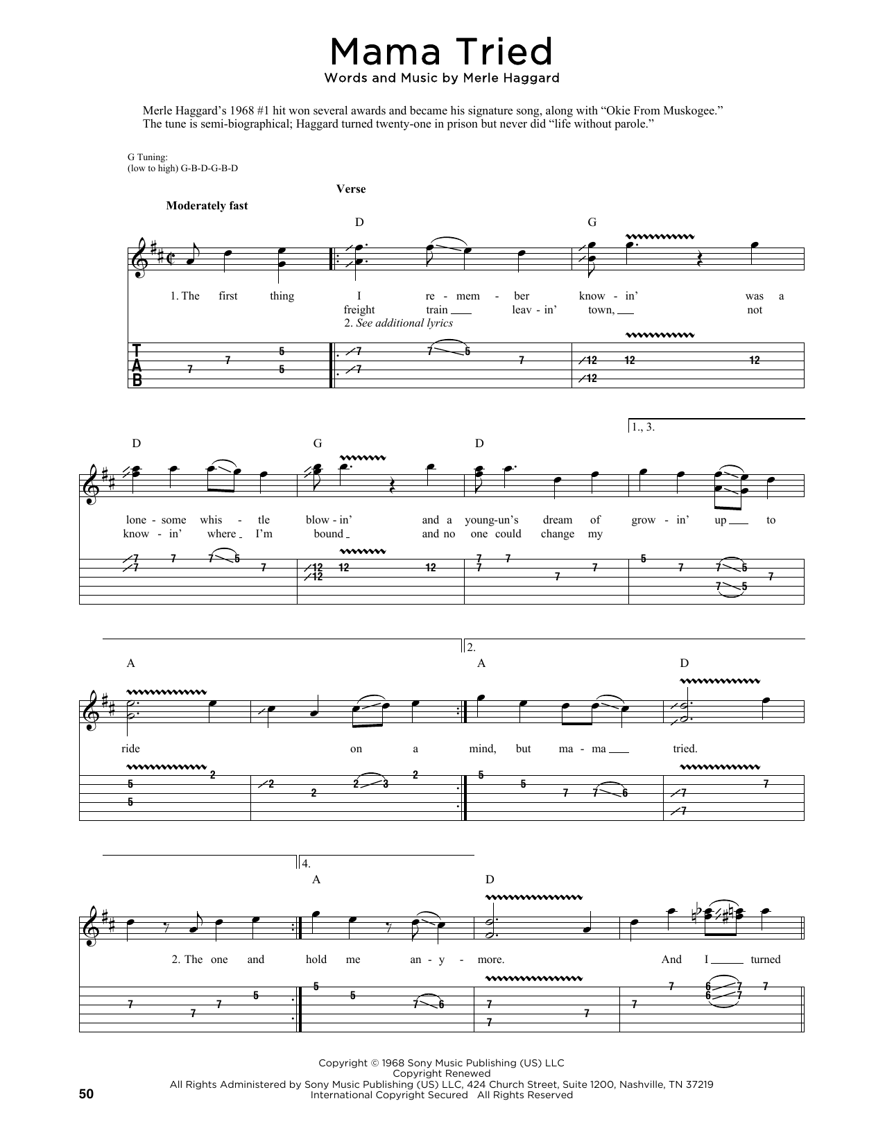 Merle Haggard Mama Tried (arr. Fred Sokolow) Sheet Music Notes & Chords for Guitar Tab - Download or Print PDF