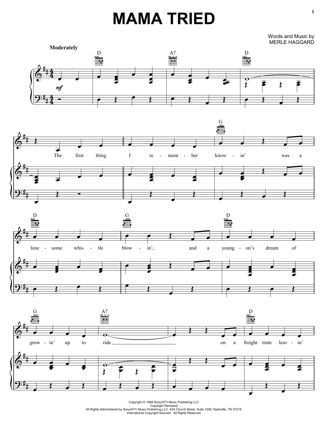 Merle Haggard Mama Tried Sheet Music Notes & Chords for Real Book – Melody, Lyrics & Chords - Download or Print PDF