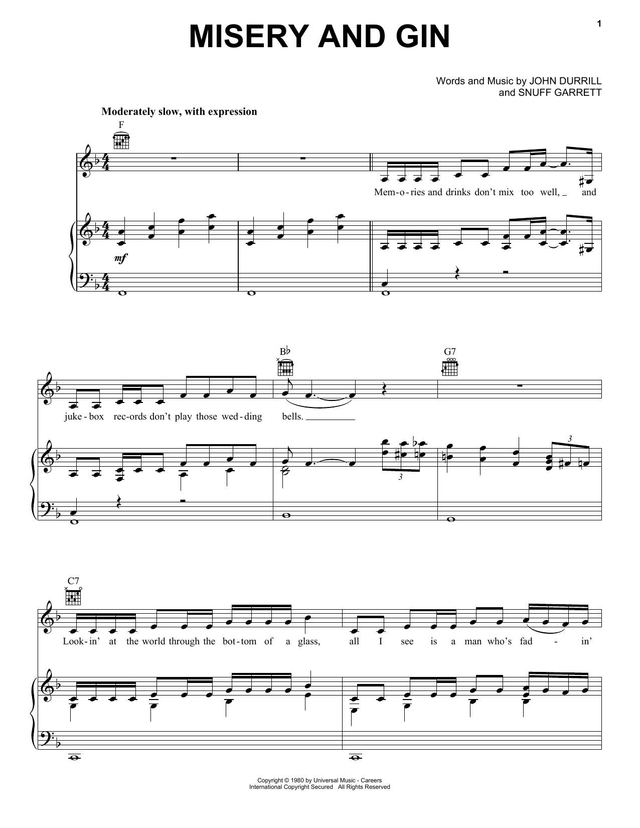 Merle Haggard Misery And Gin Sheet Music Notes & Chords for Piano, Vocal & Guitar Chords (Right-Hand Melody) - Download or Print PDF