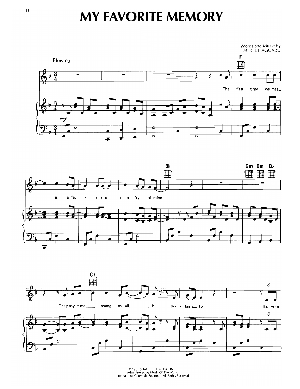 Merle Haggard My Favorite Memory Sheet Music Notes & Chords for Piano, Vocal & Guitar Chords (Right-Hand Melody) - Download or Print PDF