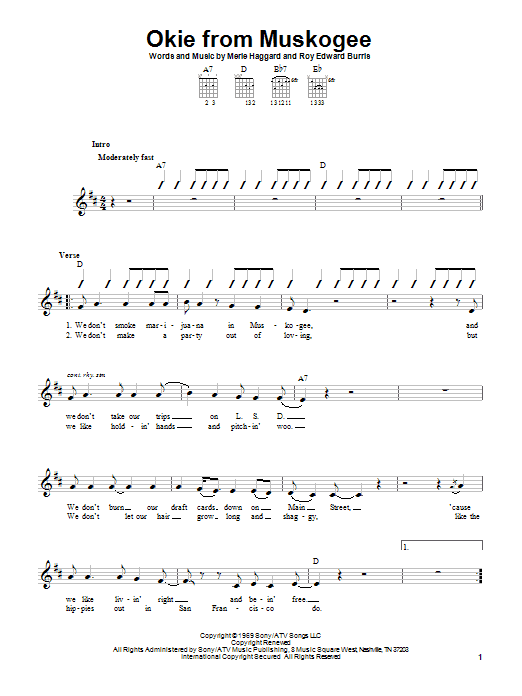 Merle Haggard Okie From Muskogee Sheet Music Notes & Chords for Guitar with strumming patterns - Download or Print PDF