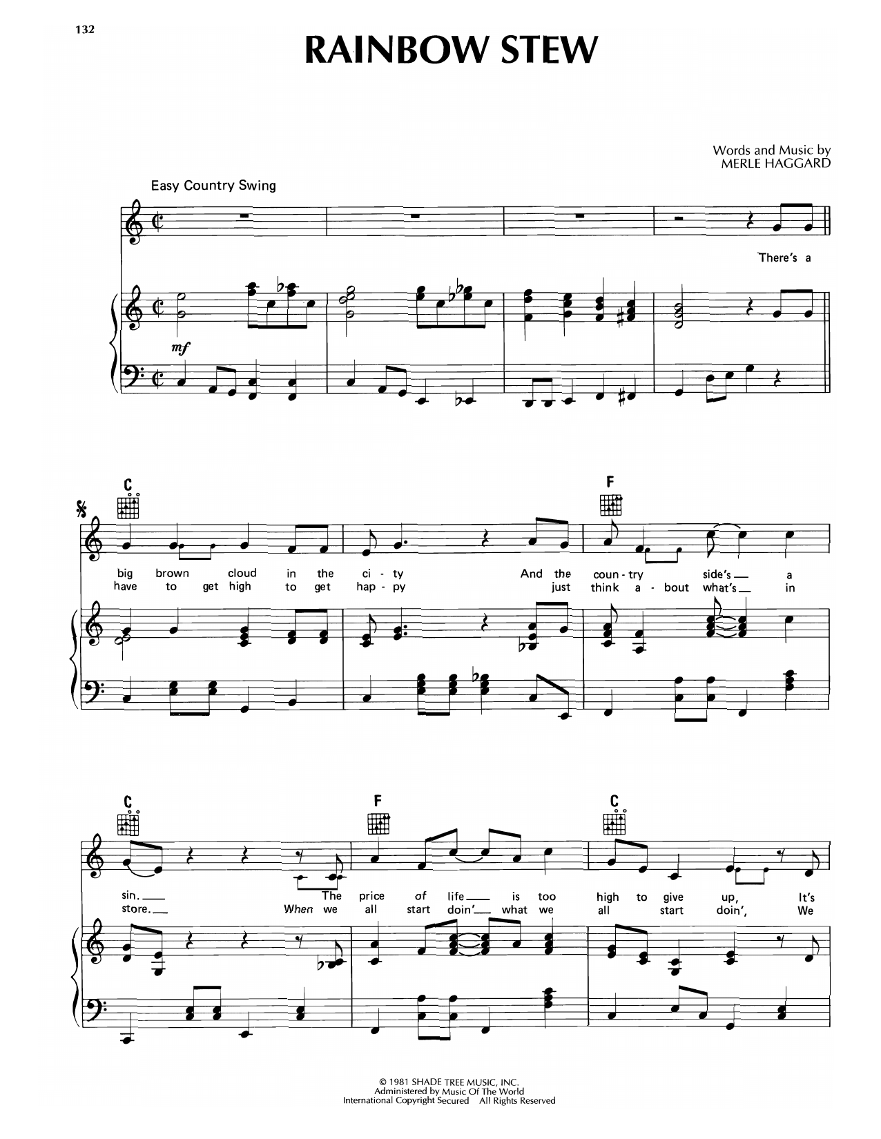 Merle Haggard Rainbow Stew Sheet Music Notes & Chords for Piano, Vocal & Guitar Chords (Right-Hand Melody) - Download or Print PDF