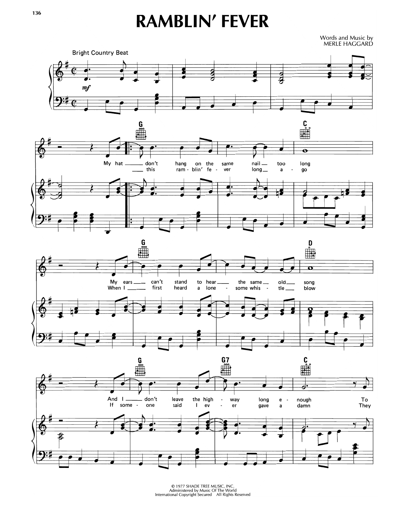 Merle Haggard Ramblin' Fever Sheet Music Notes & Chords for Piano, Vocal & Guitar Chords (Right-Hand Melody) - Download or Print PDF