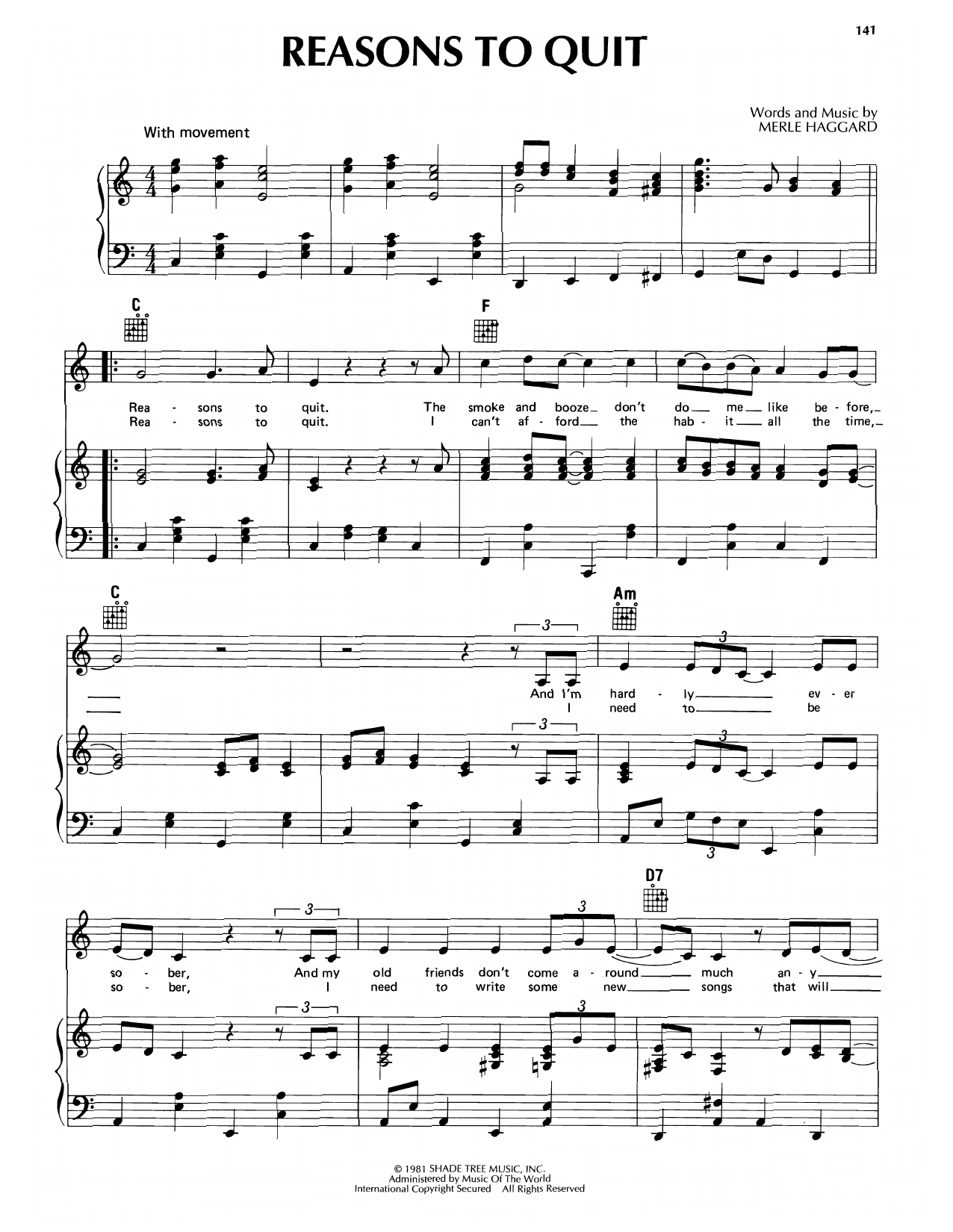 Merle Haggard Reasons To Quit Sheet Music Notes & Chords for Piano, Vocal & Guitar Chords (Right-Hand Melody) - Download or Print PDF