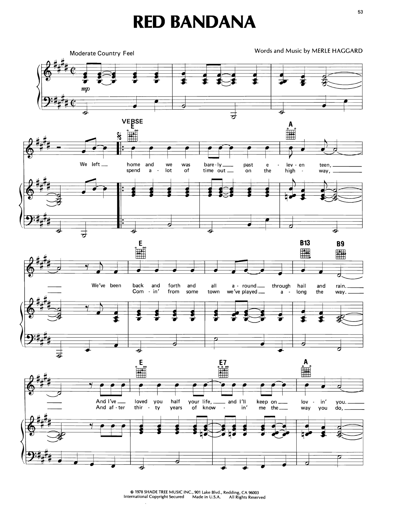 Merle Haggard Red Bandana Sheet Music Notes & Chords for Piano, Vocal & Guitar Chords (Right-Hand Melody) - Download or Print PDF